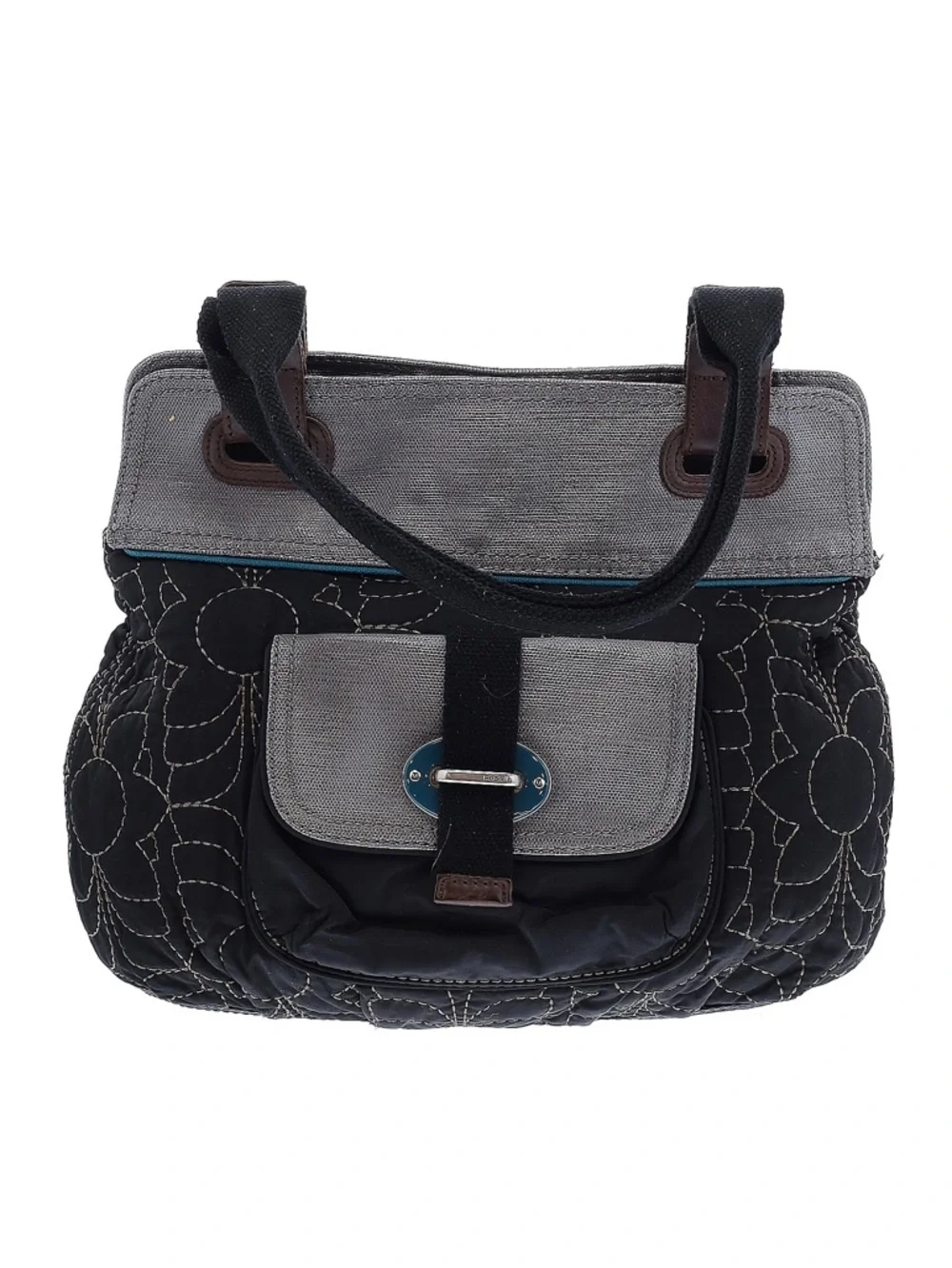 Fossil Key-Per Ladies Large   Black and Gray Floral Quilted Shoulder‎ Bag